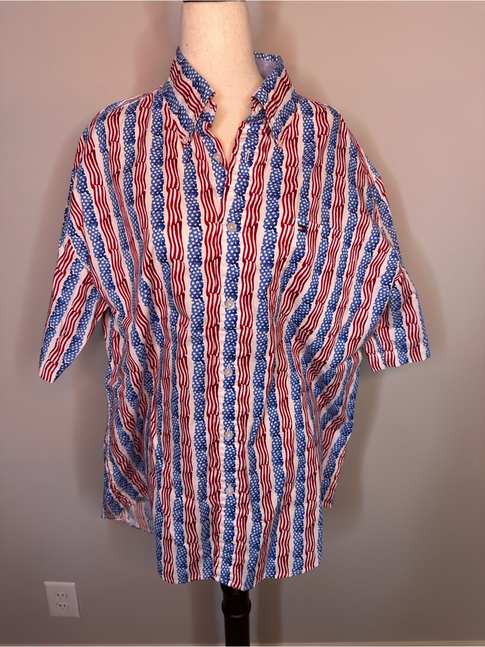 Sz L Tommy Hilfiger button down shirt sleeve stars stripes American flag print